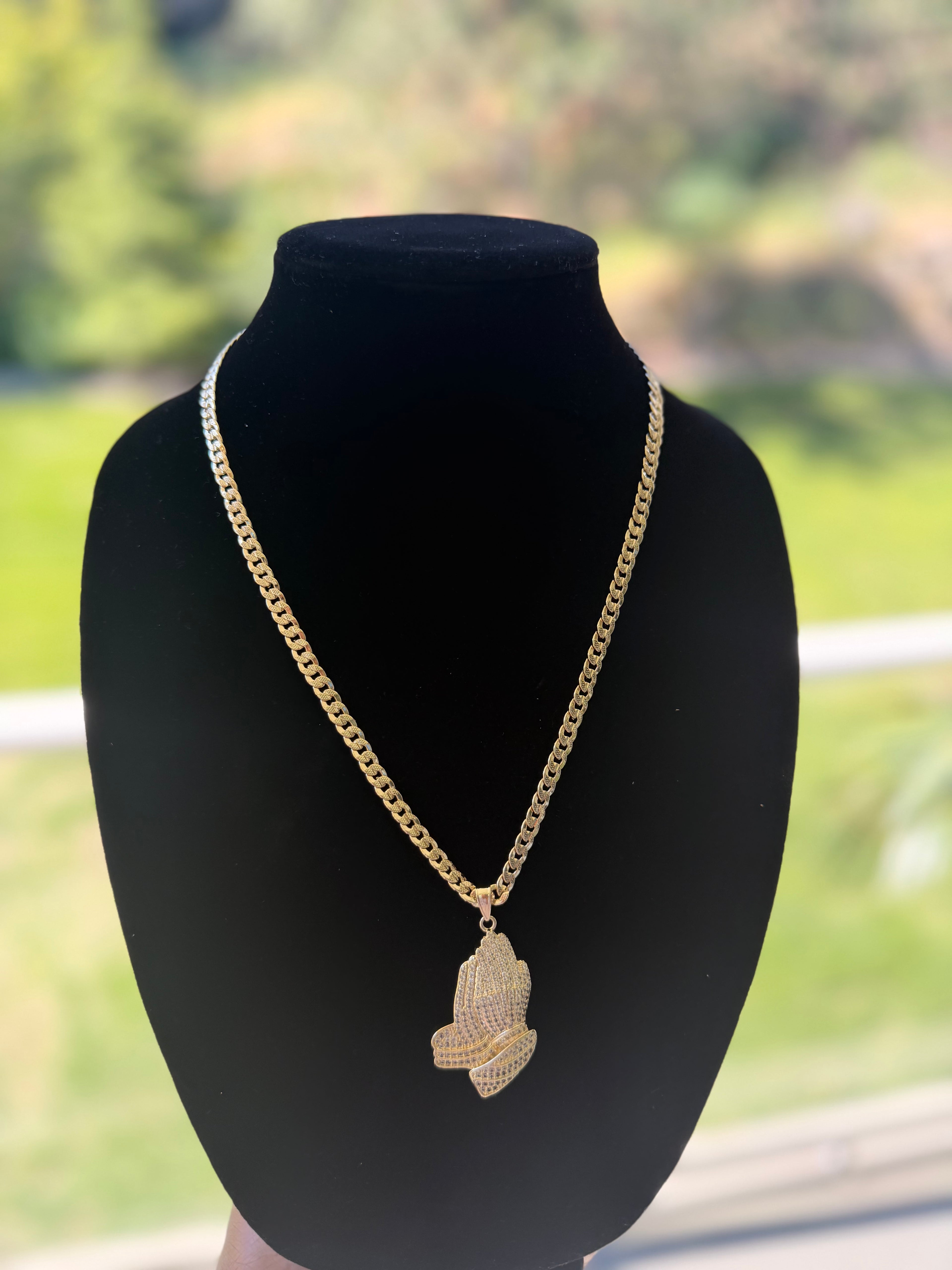 18K Gold-Filled Prayer Hands Pendant with Cuban Chain