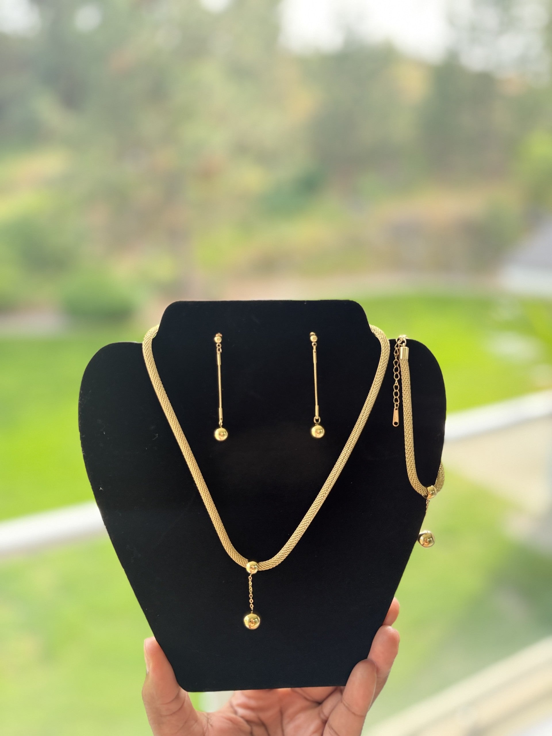 Women Stainless Steel 18k Gold Hollow Bead Ball Pendant Necklace Bracelet and Tassel Drop Earrings Set